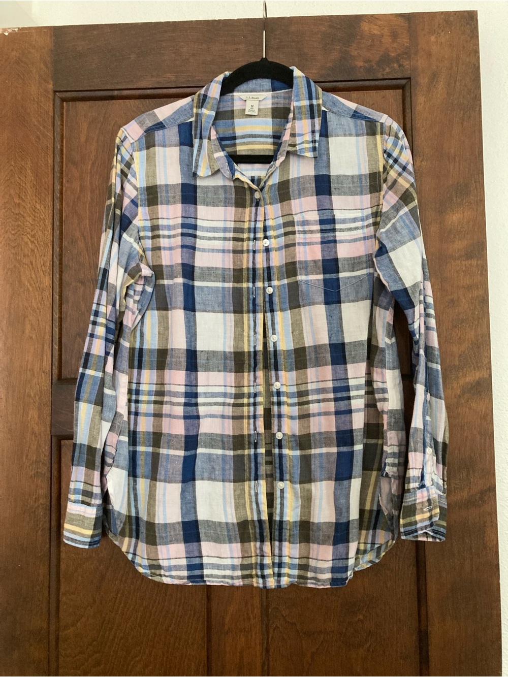 L.L. Bean Women’s Linen Plaid Button-Down Shirt in Blue, Pink & White